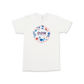 White crew neck t-shirt with red and blue floral circle graphic and "DON" text centered on chest.