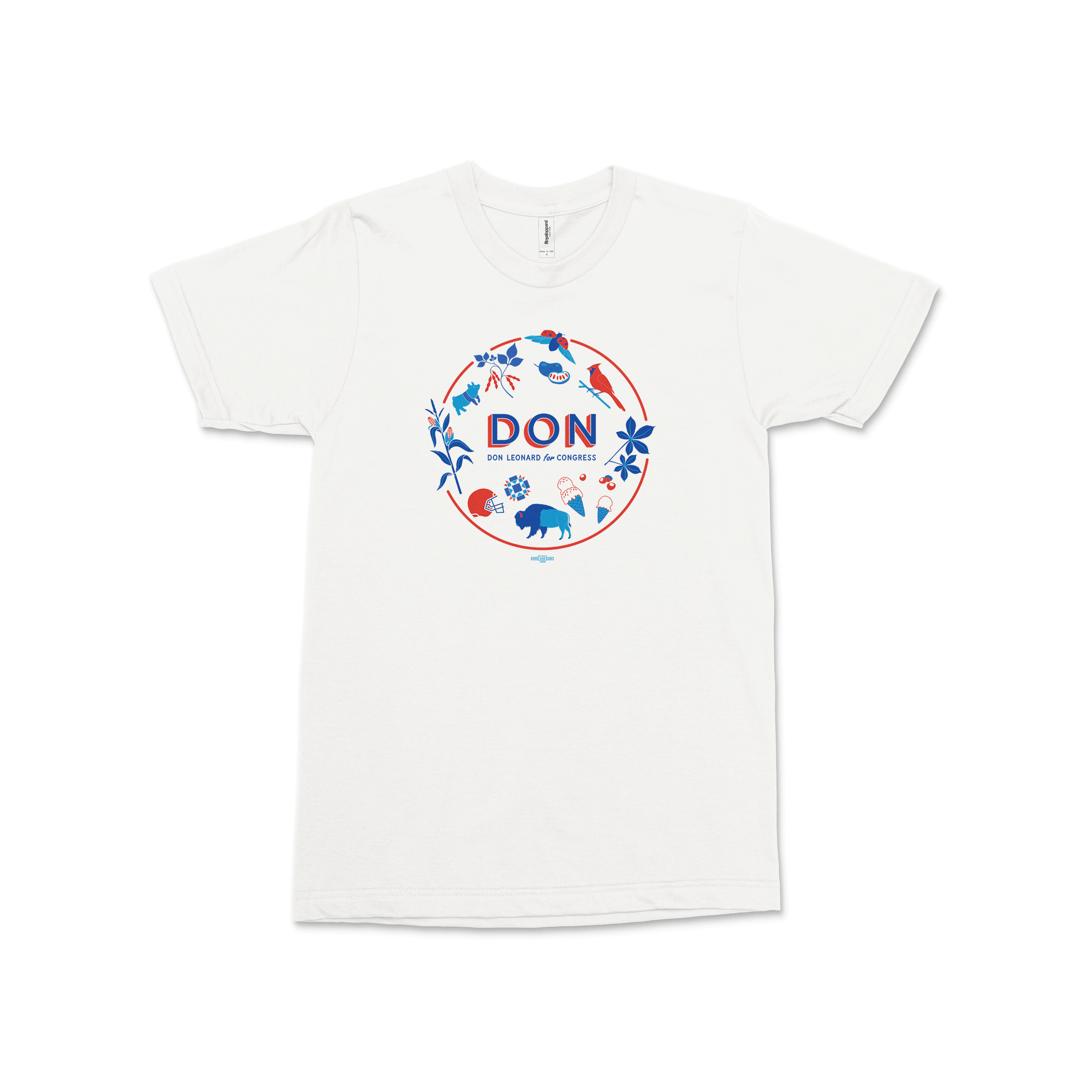 White crew neck t-shirt with red and blue floral circle graphic and "DON" text centered on chest.