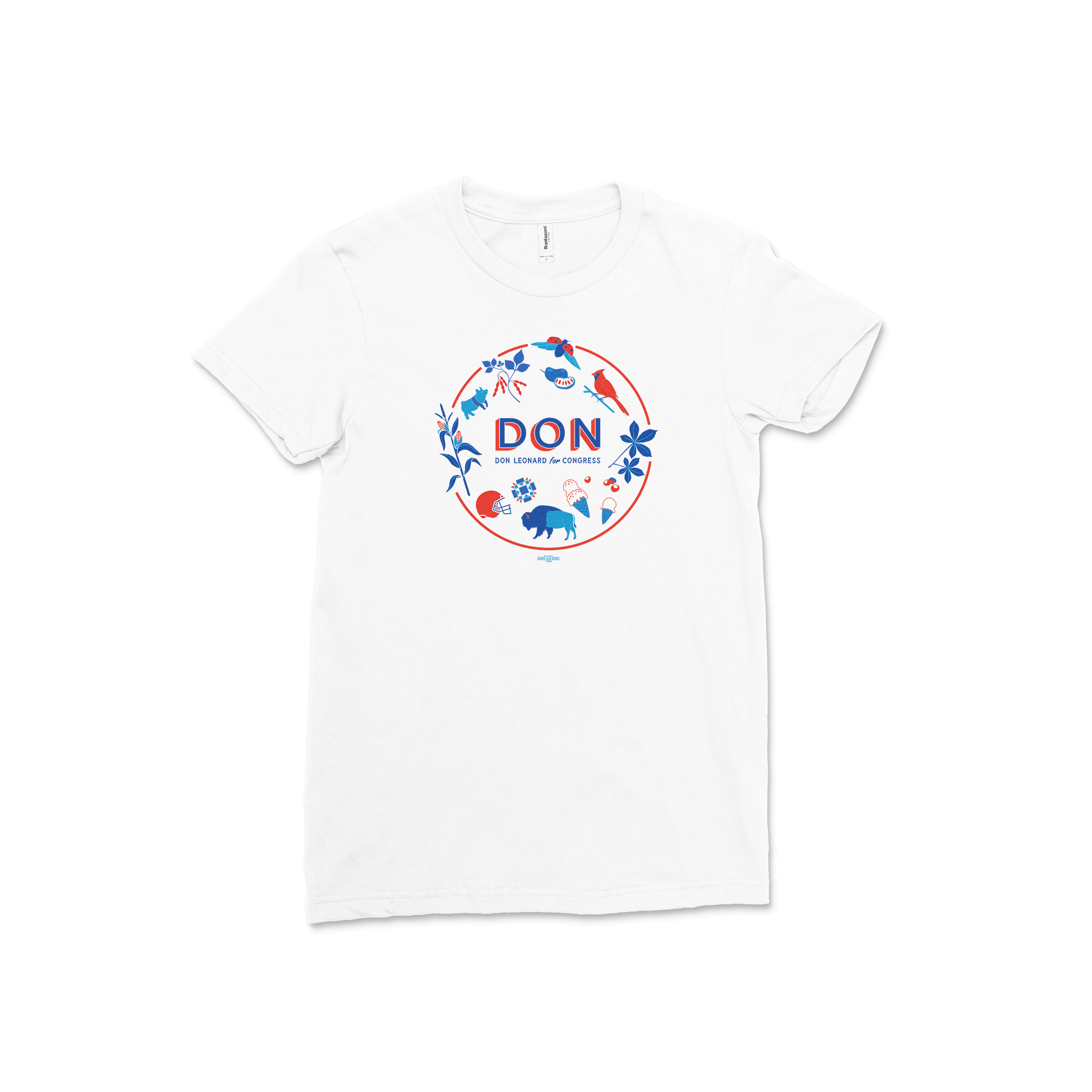 White short-sleeve tee with red and blue circular Don logo featuring maple leaves and baseball bats.