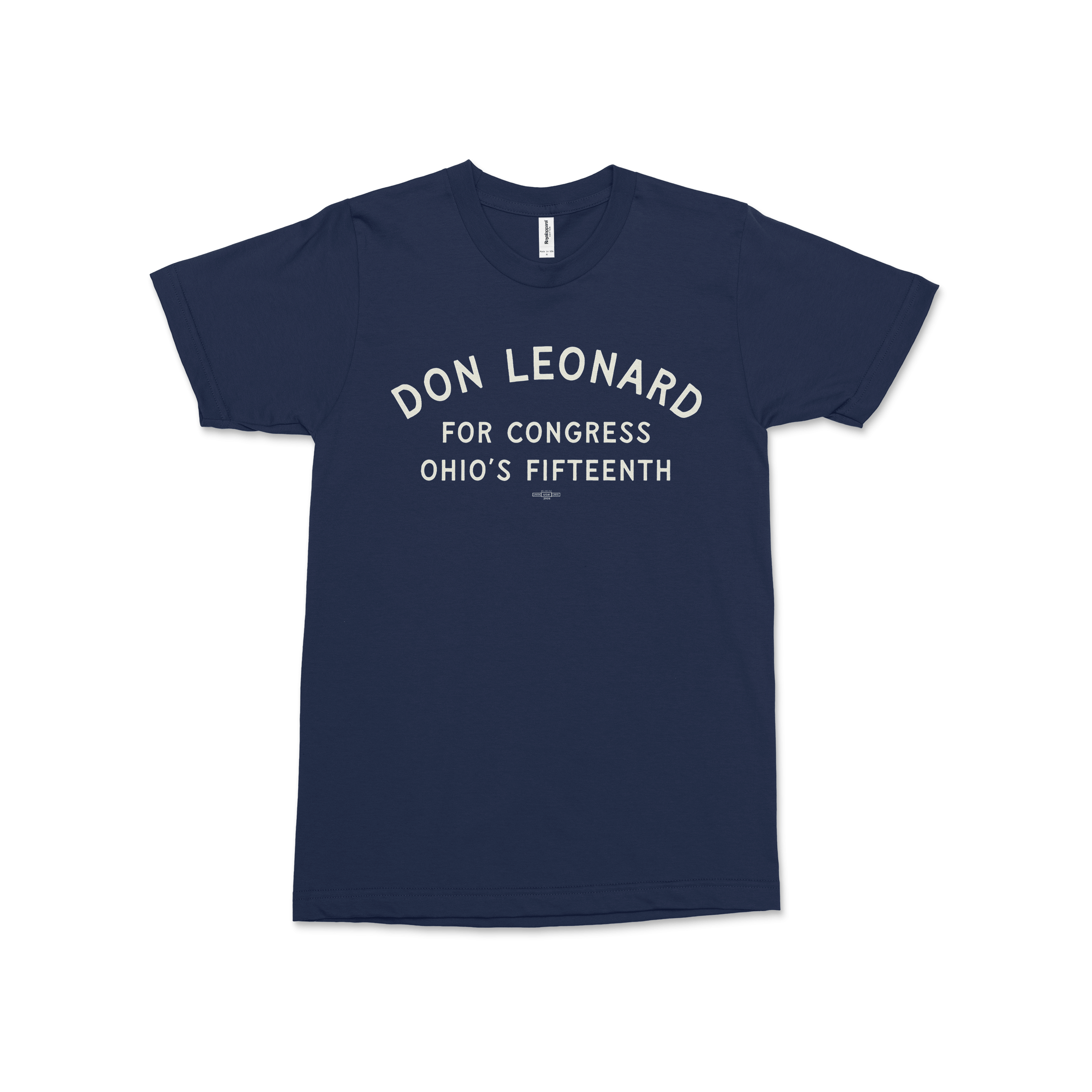 Navy blue crewneck tee with white "Don Leonard for Congress Ohio's Fifteenth" text centered on front.