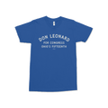 Blue Don Leonard campaign T-shirt with white text and small star graphic on front.