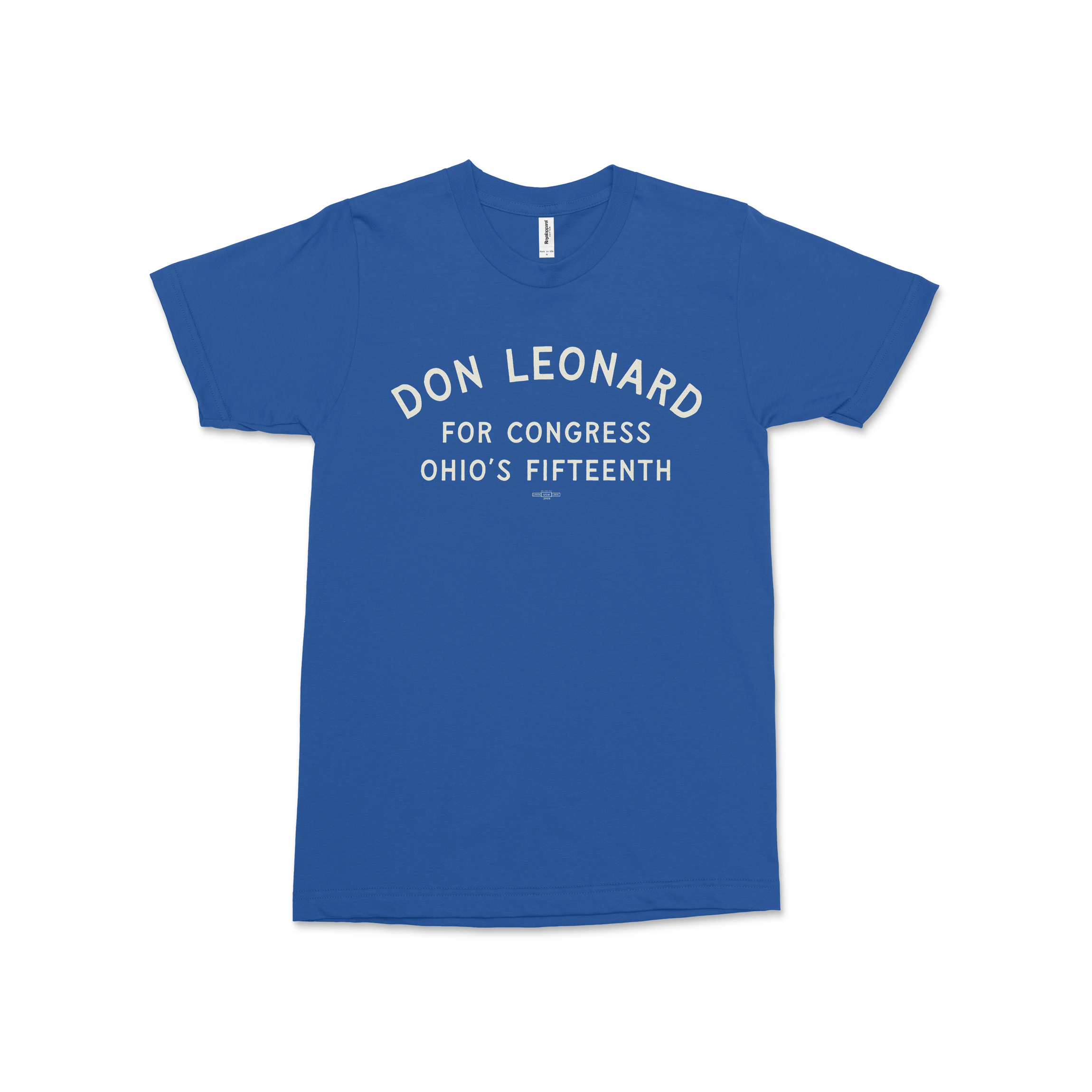 Blue Don Leonard campaign T-shirt with white text and small star graphic on front.