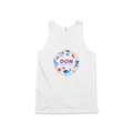 White tank top with blue and red circular Don icon logo on front.