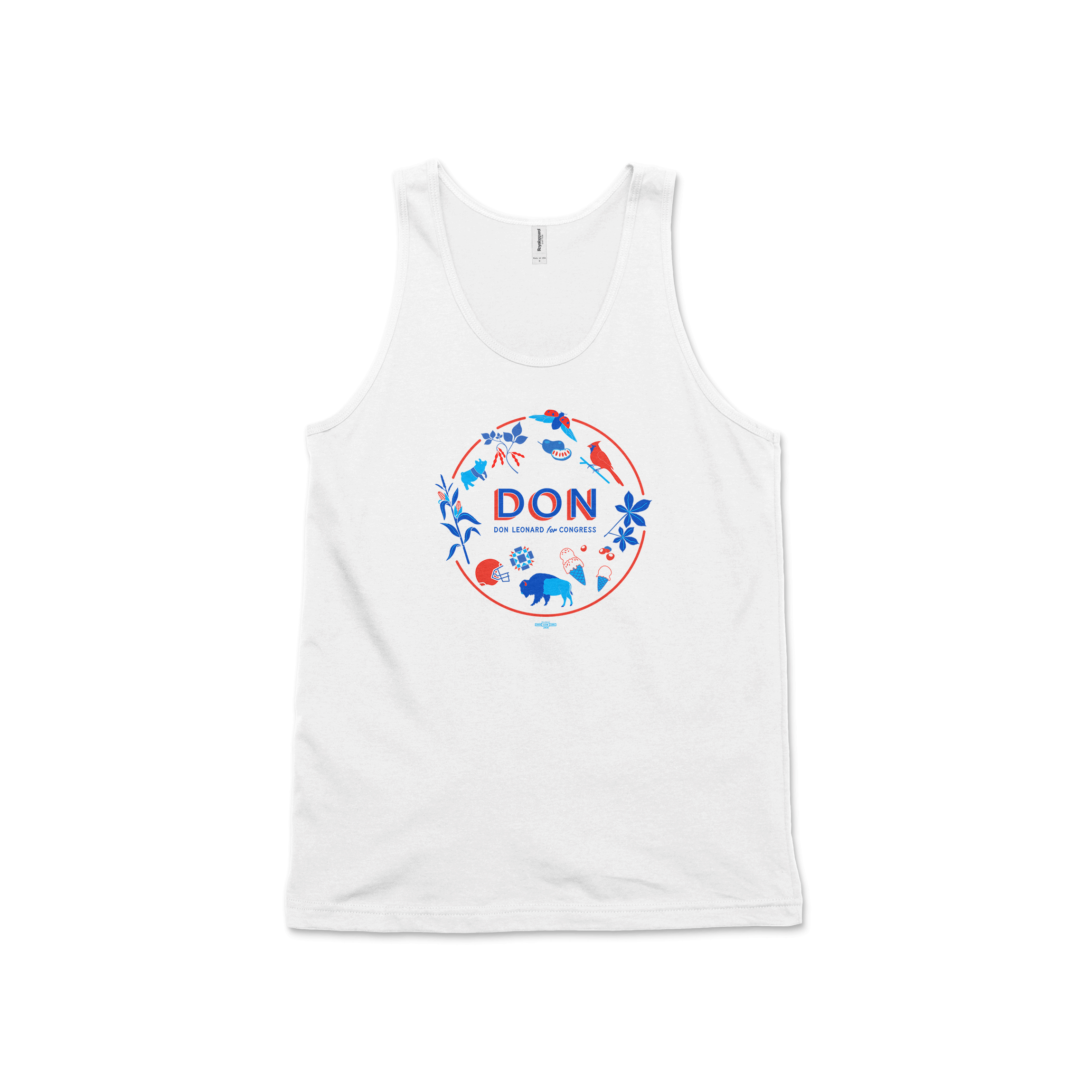 White tank top with blue and red circular Don icon logo on front.