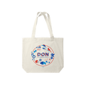 Natural canvas tote bag with blue and red floral design and "DON" text in circle emblem.
