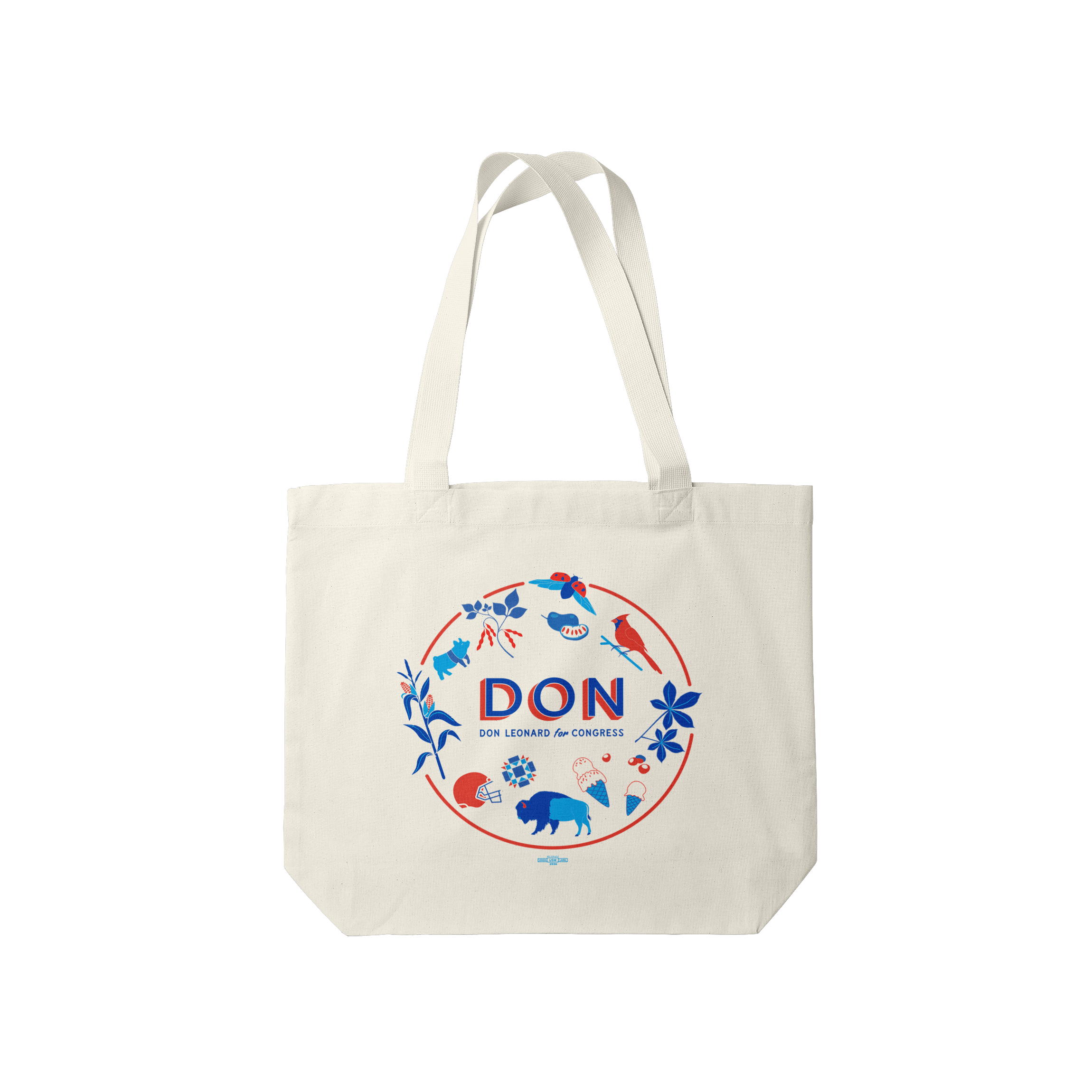 Natural canvas tote bag with blue and red floral design and "DON" text in circle emblem.