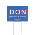 Blue rectangular yard sign with bold white and red text reading DON Leonard for Congress and website at bottom on metal.