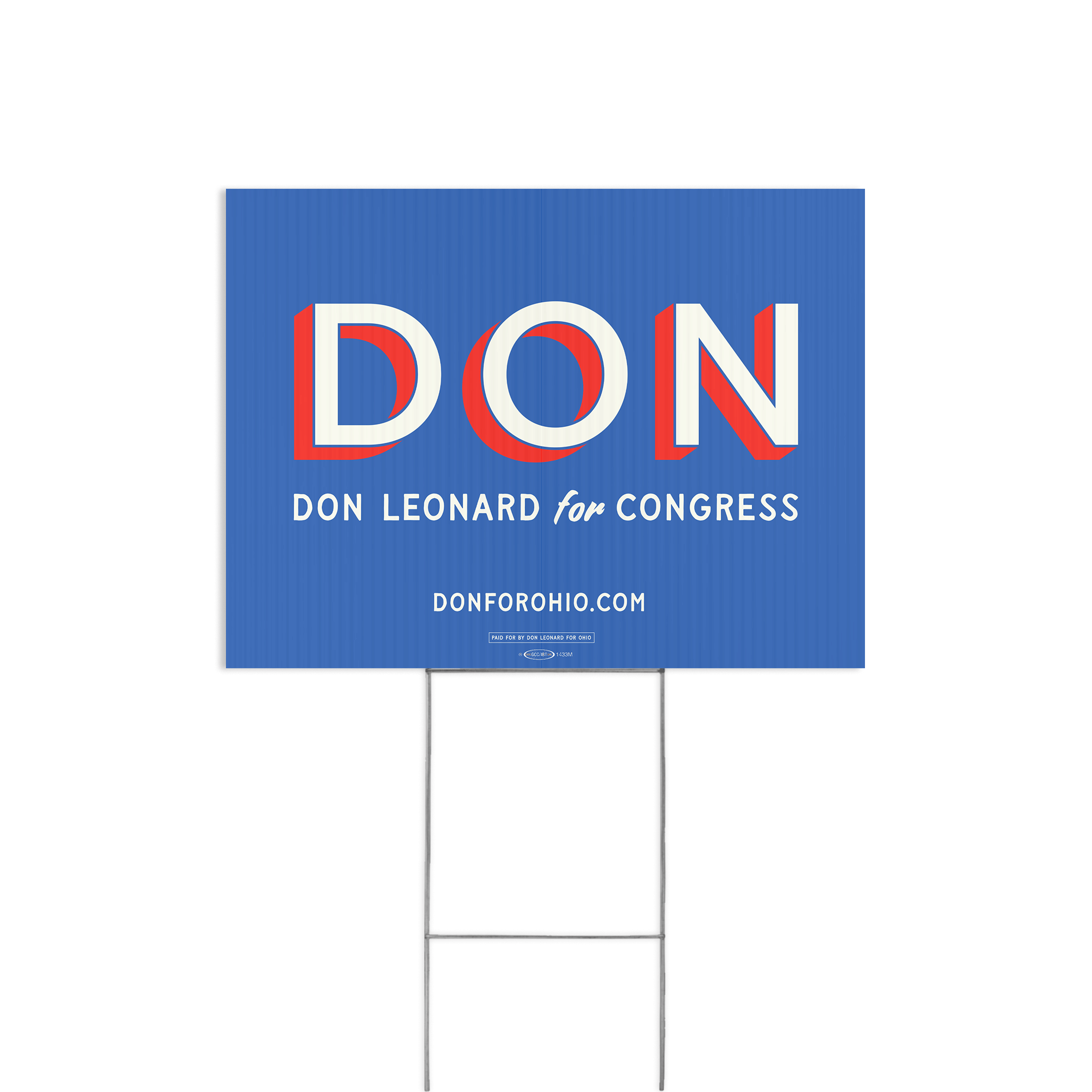 Blue rectangular yard sign with bold white and red text reading DON Leonard for Congress and website at bottom on metal.
